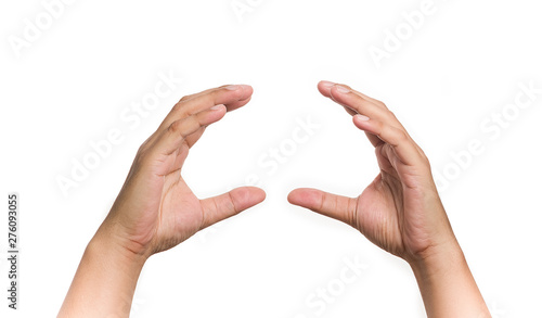 Hand gesture holding some food isolated on white background.