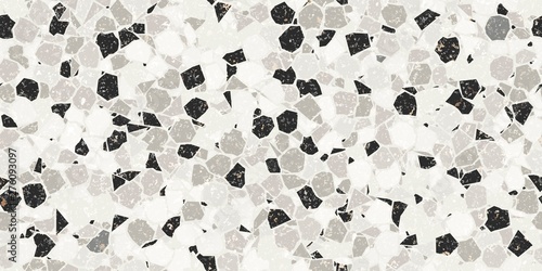 Black and White Textured Dense Crazy Paving or Terrazzo Seamless Repeat Vector Pattern Swatch. Thousands of random non-overlapping polygonal elements. Generative Art.