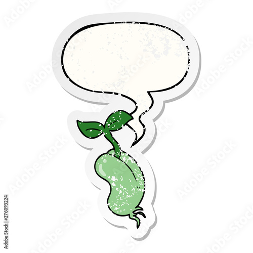 cartoon sprouting seed and speech bubble distressed sticker