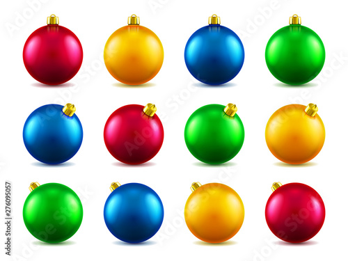 Set of isolated 3d toys for 2019 new year or realistic colorful baubles for ornamenting christmas tree. Volumetric Xmas spheres for holiday decoration. Winter festive and celebration theme