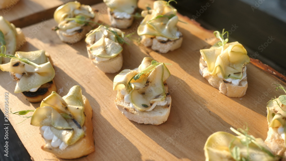 Bruschetta with Vegetables and soft Cheese Dietary Organic Food for a party Bruschetta with Vegetables and soft Cheese Dietary Organic Food for a party
