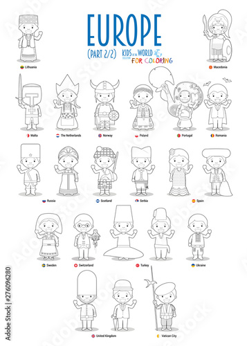 Kids and nationalities of the world vector: Europe Set 2 of 2. Set of 22 characters for coloring dressed in different national costumes.