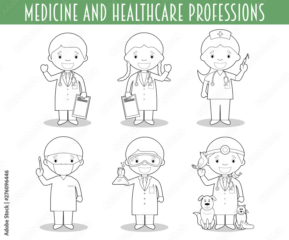 Vector Set of Medicine and Healthcare Professions for coloring in cartoon style. Vector Set of Medicine and Healthcare Professions for coloring in cartoon style.