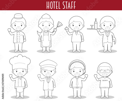 Vector Set of Hotel Staff Professions for coloring in cartoon style.