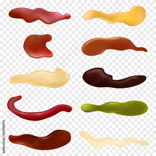Realistic detailed different sauces isolated on transparent background. Collection with ketchup, wasabi, mustard, mayonnaise, bbq, pesto and cheese. Top view liquid sauce concept. Vector
