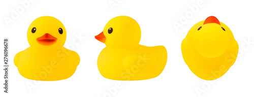 Fotografia, Obraz Set of front, side and top views of yellow rubber duck isolated on white backgro