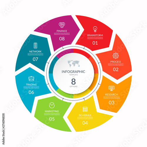 Infographic process chart. Cycle diagram with 8 stages, options, parts. Can be used for report, business analytics, data visualization and presentation.