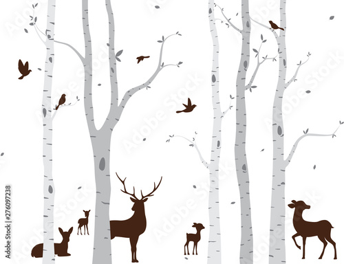 Tableau sur toile Birch Tree with deer and birds Silhouette Background