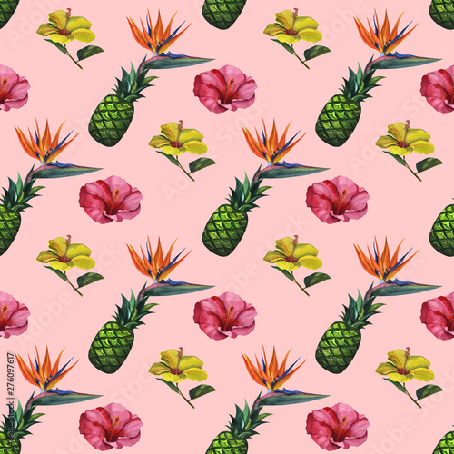 Wallpaper Mural Watercolor pattern with tropical palm leaves, bananas, pineapples, flowers. Seamless pattern Torontodigital.ca