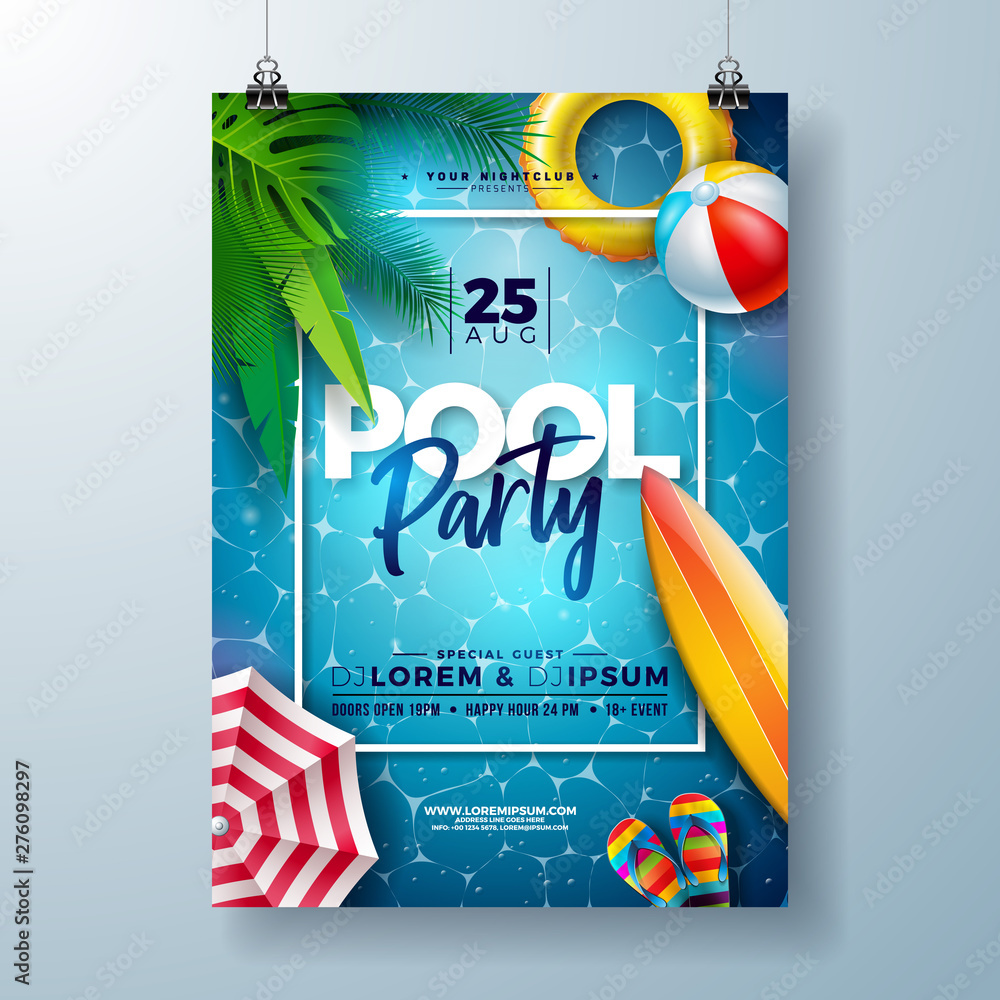 Summer pool party poster design template with palm leaves, water, beach ball and float on blue ocean landscape background. Vector holiday illustration for banner, flyer, invitation, poster. - obrazy, fototapety, plakaty 