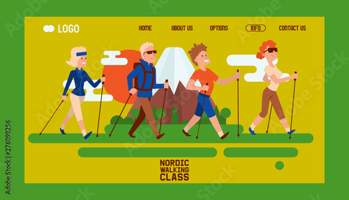 Nordic walking people landing page leisure sport time vector illustration. Active nordwalk sport man and woman exercise. Outdoor fitness characters. Trekking friends walker jogging person.