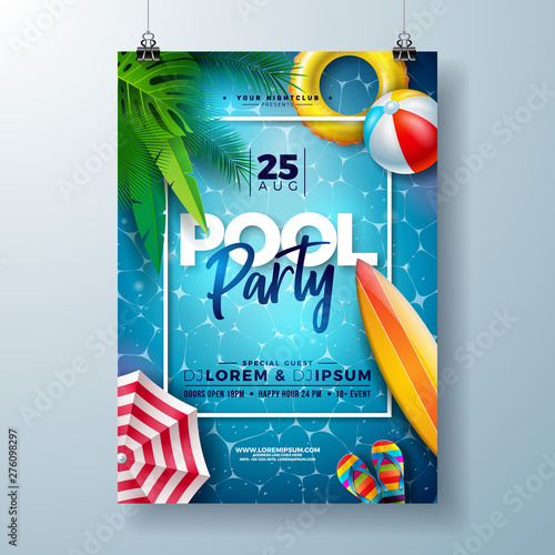 Summer pool party poster design template with palm leaves, water, beach ball and float on blue ocean landscape background. Vector holiday illustration for banner, flyer, invitation, poster.