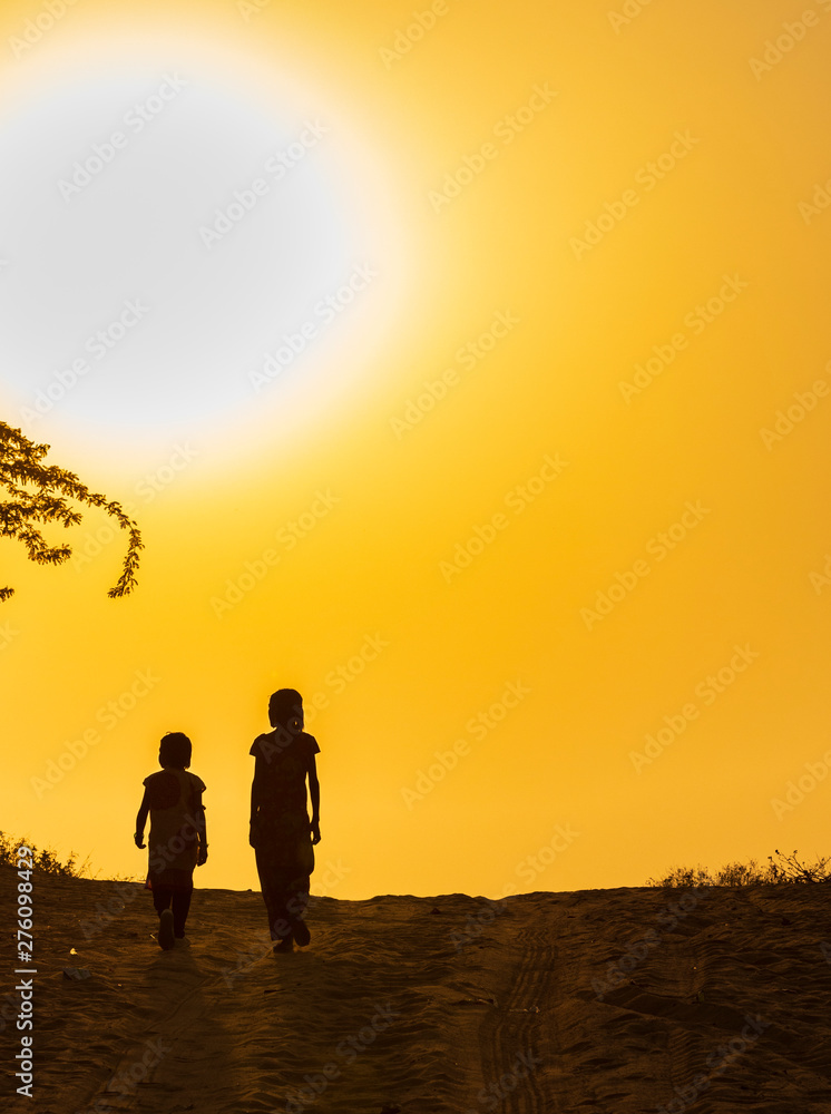 Sunset, Silhouette, Child, Children, Sky, Kids, Desert, Sun, Heat, Search, Travel, Lonely, Together