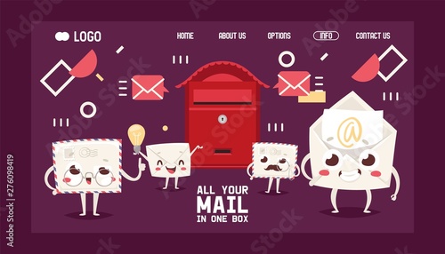 Mail box letter cartoon characters envelope vector landing page post mailbox postal mailing letterbox illustration. Postboxes design for delivery mailed letters sending in envelopes
