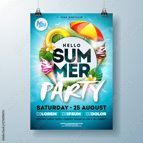 Vector Summer Party Flyer Design with Typography Letter, Sunshade and Ice Cream on Ocean Blue Background. Summer Vacation Holiday Illustration Template for Banner, Flyer, Invitation or Celebration