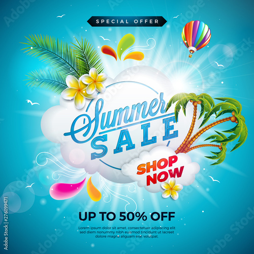 Summer Sale Design with Flower, Beach Holiday Elements and Exotic Palm Leaves on Ocean Blue Background. Tropical Floral Vector Illustration with Special Offer Typography for Coupon, Voucher, Banner