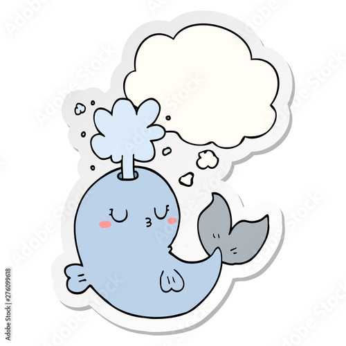 cartoon whale spouting water and thought bubble as a printed sticker