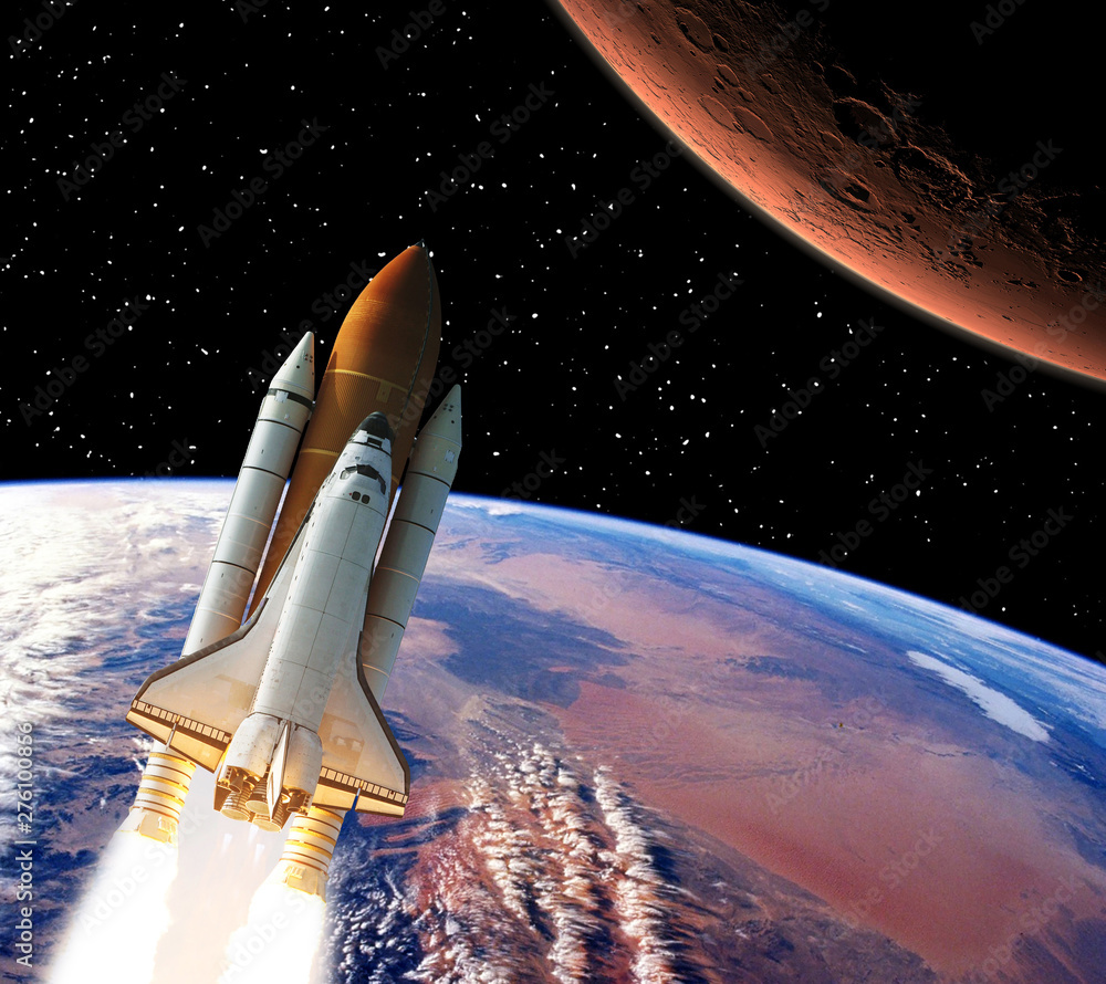 Rocket above earth. Mars in the distance. The elements of this image furnished by NASA. Rocket above earth. Mars in the distance. The elements of this image furnished by NASA.