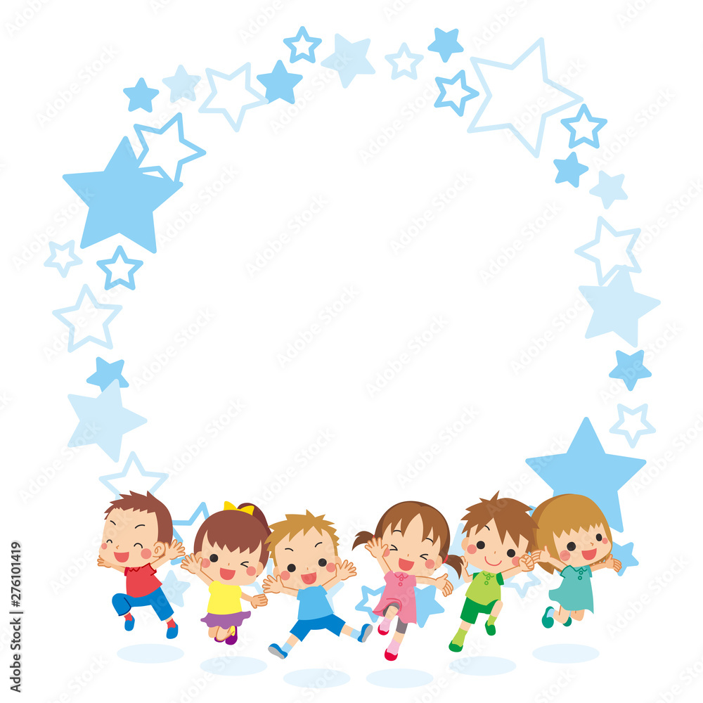 夏服で元気にジャンプする子供たち 星フレーム 丸型 Stock Vector Adobe Stock