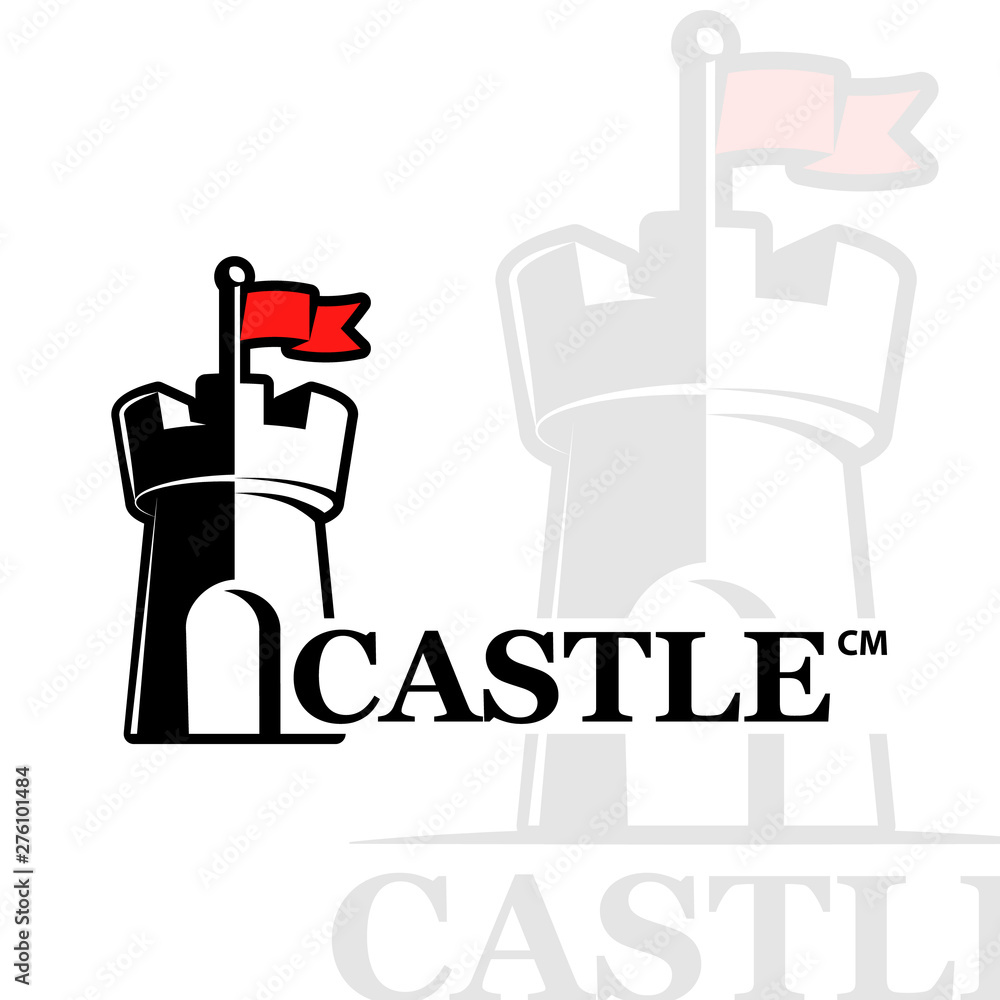 Vector logo retro style, emblem, company logo, banner. Black and white image of the fortress, castle, tower. On a white background. A symbol of protection, unassailability, stability. Vector logo retro style, emblem, company logo, banner. Black and white image of the fortress, castle, tower. On a white background. A symbol of protection, unassailability, stability.