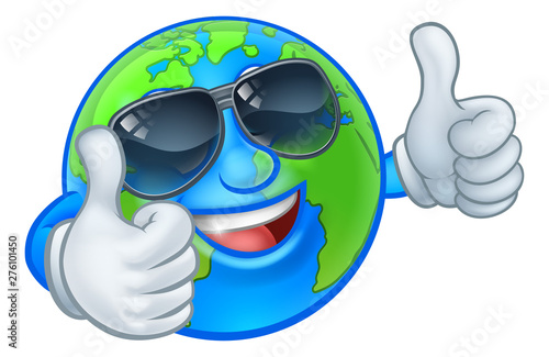 An earth globe world cartoon character mascot wearing shades or sunglasses and giving a thumbs up