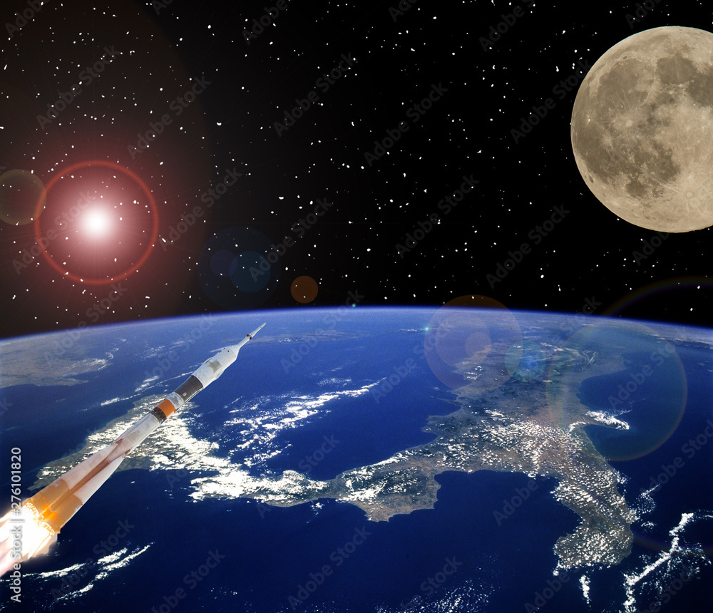 Rocket and moon. Earth on the backdrop. The elements of this image furnished by NASA. Rocket and moon. Earth on the backdrop. The elements of this image furnished by NASA.