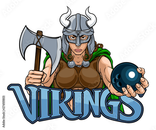 A Viking female warrior woman gladiator ten pin bowling sports mascot