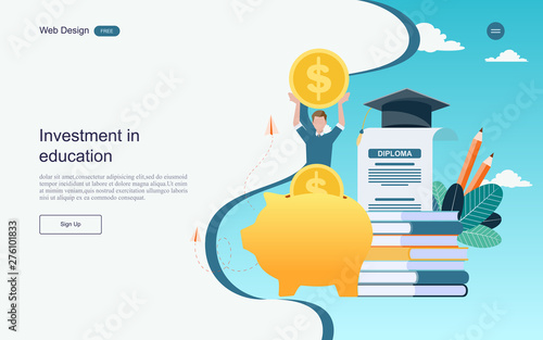 Flat design website banner of investment in knowledge, student loans, scholarships.money,savings for study.Vector illustration.