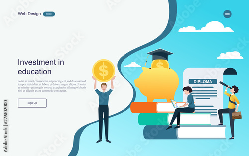 Flat design website banner of investment in knowledge, student loans, scholarships.money,savings for study.Vector illustration.