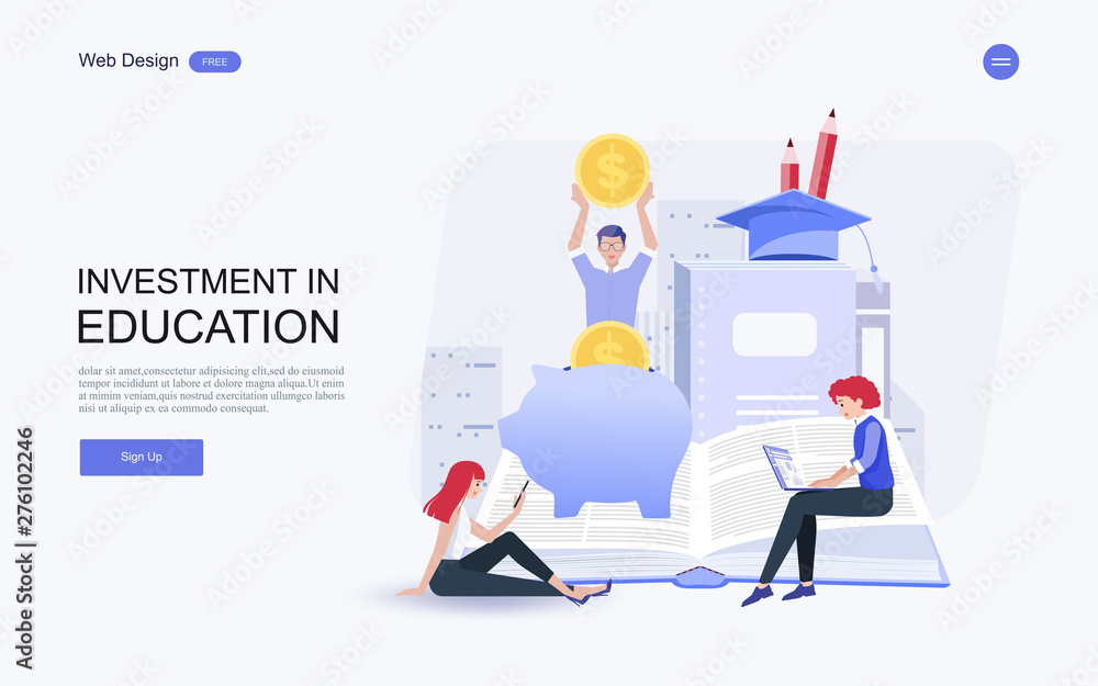 Flat design website banner of investment in knowledge, student loans, scholarships.money,savings for study.Vector illustration.