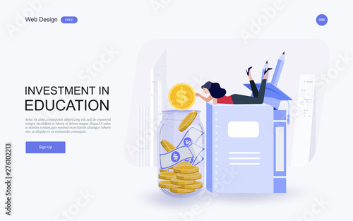 Flat design website banner of investment in knowledge, student loans, scholarships.money,savings for study.Vector illustration.