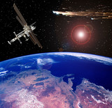 Space station above the earth. Meteors, comets in space. The elements of this image furnished by NASA.