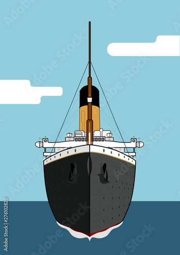 Front view, transatlantic sailing in the ocean. Big cruise transatlantic. Old big passengers ship. Vintage famous sunken transatlantic. Vector illustration.