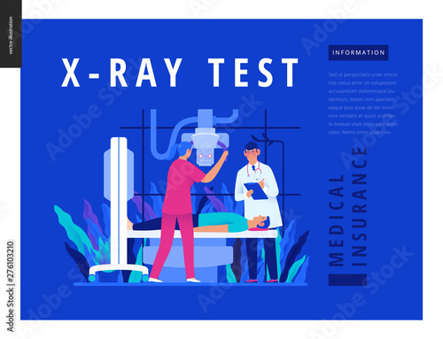 Medical tests blue template - x-ray test - modern flat vector concept digital illustration of x-ray procedure - a patient and doctors with a x-ray machine, medical office or laboratory