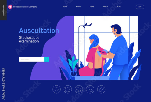 Medical tests Blue template - auscultation -modern flat vector concept digital illustration of stethoscope examination procedure - patient and doctor carrying out procedure, medical office, laboratory