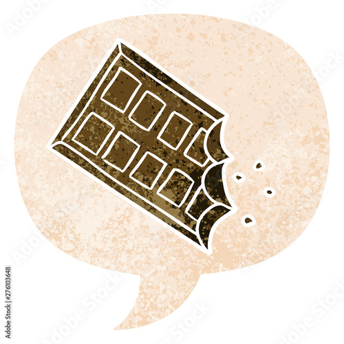 cartoon bar of chocolate and speech bubble in retro textured style