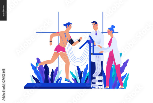 Medical Blue illustration - cardiac stress test -modern flat vector concept digital illustration, stress test procedure -patient with sensors on treadmill, doctors carrying out procedure, laboratory