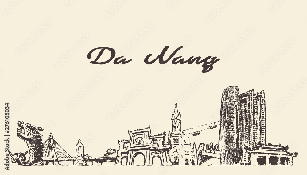 Da Nang skyline Vietnam hand drawn vector sketch Da Nang skyline Vietnam hand drawn vector sketch