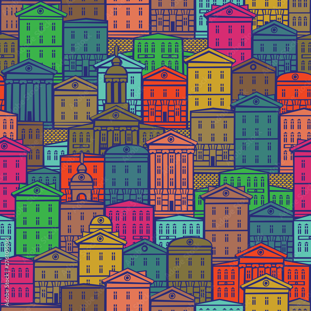Vector seamless pattern with old hand drawn buildings in retro style. European town with colorful cartoon houses. Cityscape background, can be used as wallpaper, wrapping paper, textile, fabric