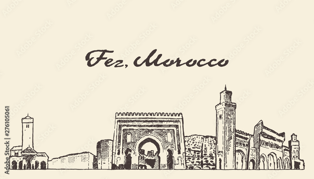 Fez skyline, Morocco, hand drawn vector sketch