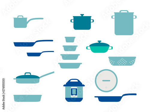 Frying pan Cookware Set, Collection of kitchenware and cookware set of kitchen utensils for home cooking flat vector illustration