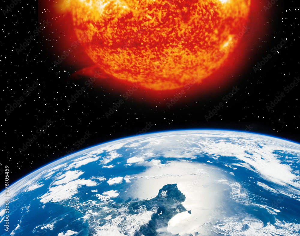 Fototapeta premium Earth planet and burning sun above it. The elements of this image furnished by NASA.