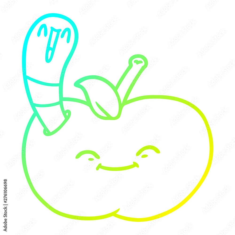 Fototapeta premium cold gradient line drawing cartoon happy worm in an apple