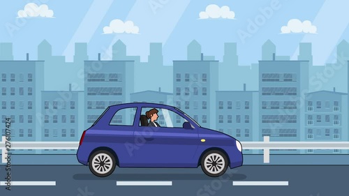 Flat cartoon businesswoman character driving blue minicar rides around town side view photo