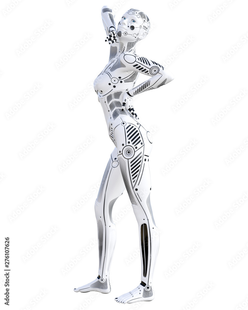 Robot woman. White metal droid. Artificial Intelligence. Robot woman. White metal droid. Artificial Intelligence.