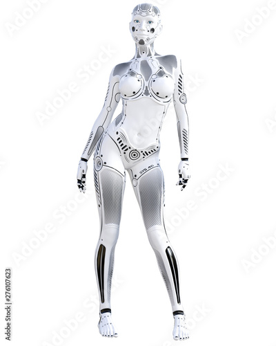 Robot woman. White metal droid. Artificial Intelligence.