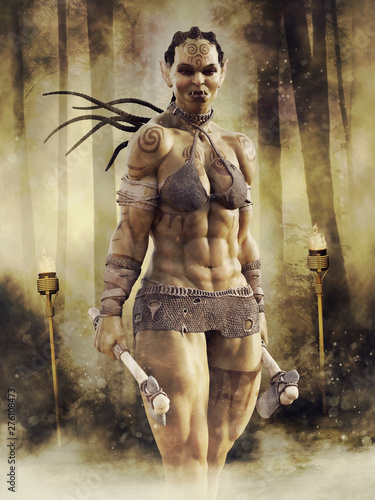 Female orc warrior holding axes in her hands, standing in a dark forest at night. 3D render. photo