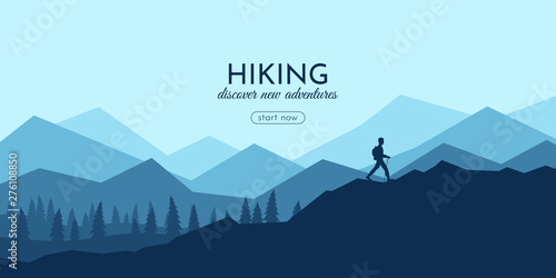 The traveler goes to the mountains with a backpack. Vector illustration
