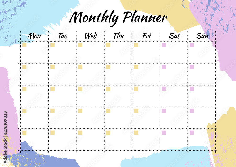 Creative monthly planner with pastel brushstroke on background. Stylish organizer and schedule. Planner template for print, office, school. Vector illustration. - obrazy, fototapety, plakaty 