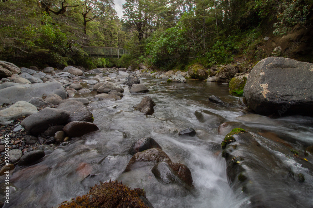 WIld river flows under a bridge in Tongariro Forrest Park New-Zealand WIld river flows under a bridge in Tongariro Forrest Park New-Zealand